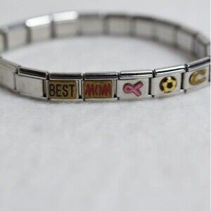 1990's Best Mom Metal Link Add & Remove Charm Silver Tone Stretch Bracelet